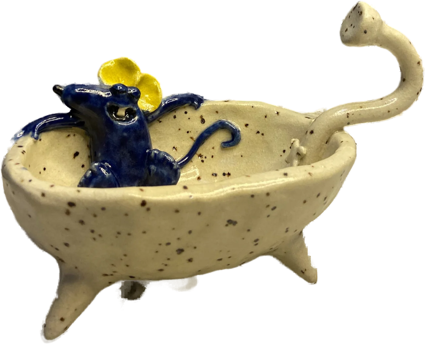 Saboneteira de cerâmica em forma de banheira, com um ratinho azul de touca amarela tomando banho